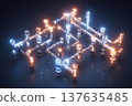 A 3D glowing model of a pipeline system featuring vibrant blue and orange neon light highlights. 137635485