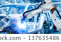 An industrial robot welds a car frame on a modern automated assembly line in an automotive factory. 137635486
