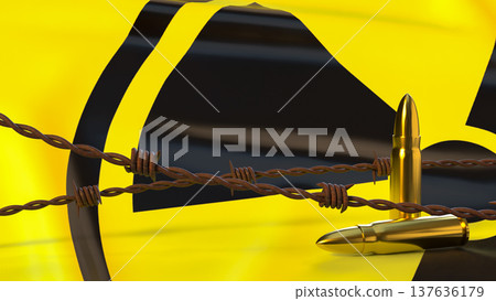 Nuclear Threat Concept With Bullets And Radioactive Warning Sign 3d render. Nuclear Threat Concept With Bullets And Radioactive Warning Sign 3d render. 137636179