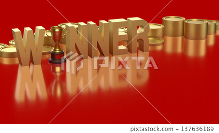 Golden Winner Text With Trophy And Coins Success Concept 3d render. Golden Winner Text With Trophy And Coins Success Concept 3d render. 137636189