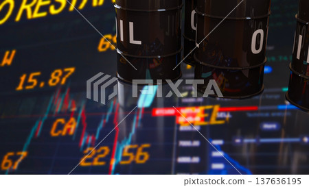 Oil Barrels With Global Energy Market Trading Data Background 3d render. Oil Barrels With Global Energy Market Trading Data Background 3d render. 137636195