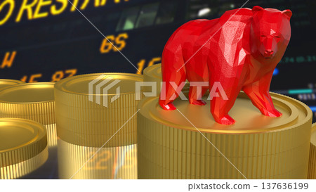 Red Bear On Gold Coins Stock Market Downtrend Concept 3d render. Red Bear On Gold Coins Stock Market Downtrend Concept 3d render. 137636199