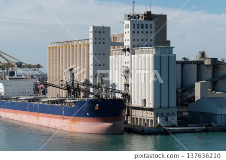 Bulk carrier at grain terminal in Port of Barcelona Spain Bulk carrier at grain terminal in Port of Barcelona Spain 137636210