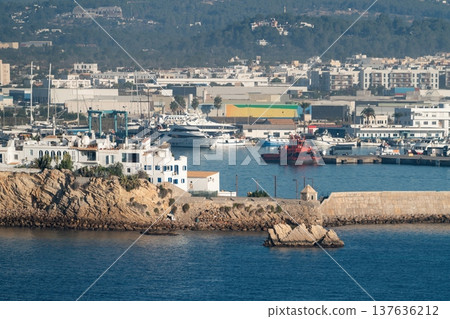 Coastal harbor view in Ibiza Spain with marina 137636212