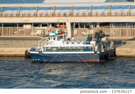 Small passenger ferry moored at port terminal Small passenger ferry moored at port terminal 137636227