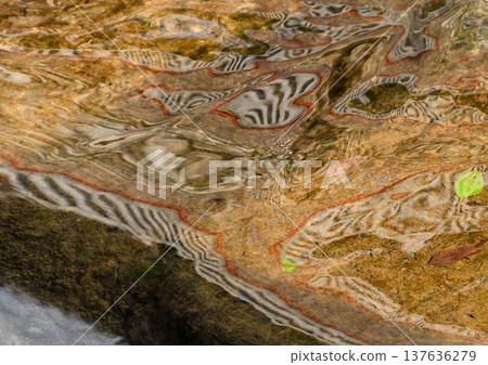 The beautiful patterns created by the complex intersecting waves of water flowing over the complex brown-toned rocks The beautiful patterns created by the complex intersecting waves of water flowing over the complex brown-toned rocks 137636279