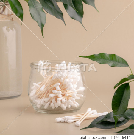 Eco-friendly bathroom essentials, bamboo toothbrushes, cotton swabs, reusable cotton pads, comb, facial brush. Green lifestyle, eco-consciousness Eco-friendly bathroom essentials, bamboo toothbrushes, cotton swabs, reusable cotton pads, comb, facial brush. Green lifestyle, eco-consciousness 137636415
