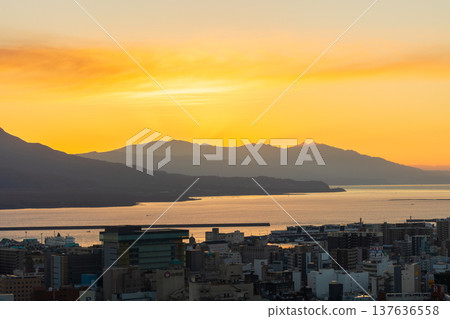 Autumn in Kagoshima City, Kagoshima Prefecture: A view of Sakurajima from Shiroyama Park at dawn. 137636558