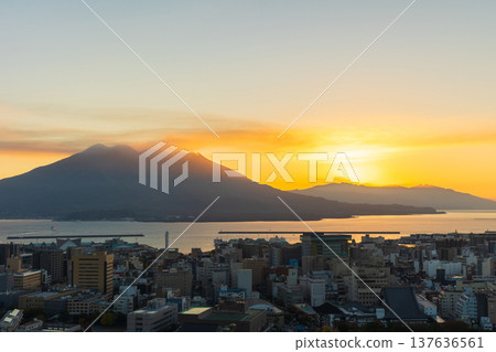 Autumn in Kagoshima City, Kagoshima Prefecture: A view of Sakurajima from Shiroyama Park at dawn. Autumn in Kagoshima City, Kagoshima Prefecture: A view of Sakurajima from Shiroyama Park at dawn. 137636561