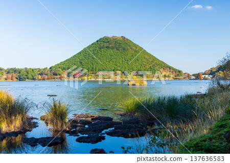 Autumn in Satsumasendai City, Kagoshima Prefecture: Imuta Pond and Imuta Fuji (Iimoriyama) with their vibrant autumn foliage. 137636583