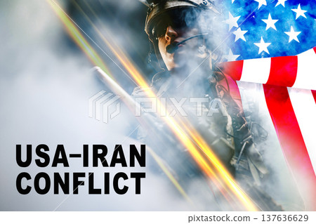 USA-Iran conflict represented through military and national symbols in a tense setting USA-Iran conflict represented through military and national symbols in a tense setting 137636629