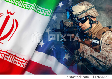 Conflict between Iran and USA captured in soldier's stance Conflict between Iran and USA captured in soldier's stance 137636632