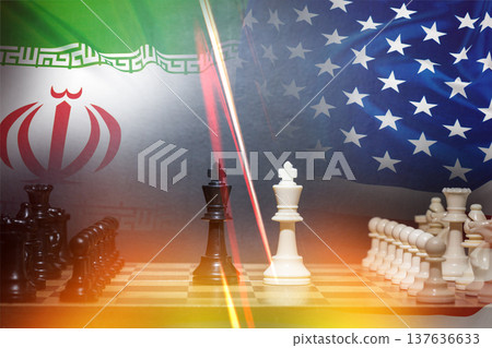 Conflict between Iran and USA represented through a chess game with flags in the background Conflict between Iran and USA represented through a chess game with flags in the background 137636633