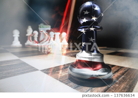 Conflict between Iran and USA represented in a chess game with a pawn displaying USA flag Conflict between Iran and USA represented in a chess game with a pawn displaying USA flag 137636634