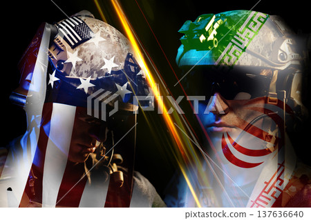 Conflict between Iran and USA represented through military imagery and symbolism Conflict between Iran and USA represented through military imagery and symbolism 137636640