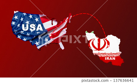 Conflict between Iran and USA marked by a flag map and visual links Conflict between Iran and USA marked by a flag map and visual links 137636641