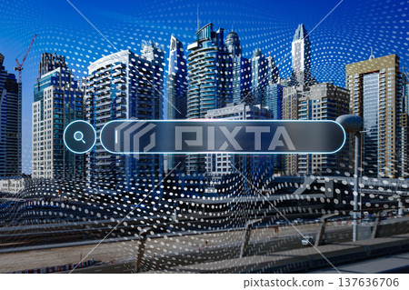 Modern cityscape with reflection and search bar overlay in a sunny setting Modern cityscape with reflection and search bar overlay in a sunny setting 137636706