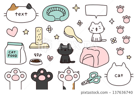 一組貓、貓爪和貓用品的插圖。 137636740