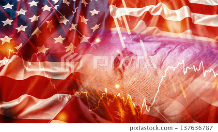 Conflict between Iran and USA shown through flags and currency symbols 137636787