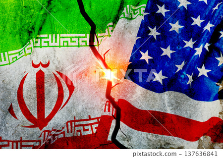 Conflict between Iran and USA represented by cracked flags on a wall Conflict between Iran and USA represented by cracked flags on a wall 137636841
