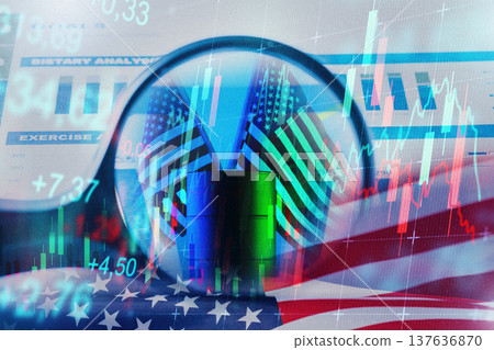 Flags of Iran and USA merged in financial market display during ongoing conflict Flags of Iran and USA merged in financial market display during ongoing conflict 137636870