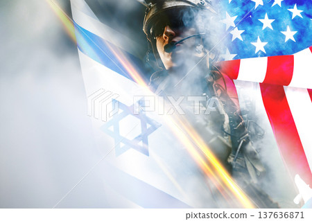 Conflict between Iran and the USA involving military presence and national flags Conflict between Iran and the USA involving military presence and national flags 137636871