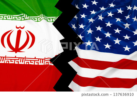 Tension between Iran and USA reflected in national flags split by a dark line Tension between Iran and USA reflected in national flags split by a dark line 137636910