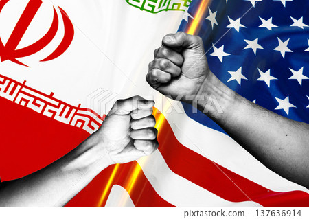 Conflict between Iran and USA represented by raised fists and flags 137636914