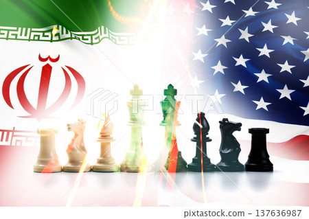 Tension between Iran and USA represented through a chess game on a divided backdrop Tension between Iran and USA represented through a chess game on a divided backdrop 137636987