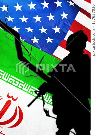 Iran USA conflict with flags and soldier's silhouette in the background during a tense moment Iran USA conflict with flags and soldier's silhouette in the background during a tense moment 137637030