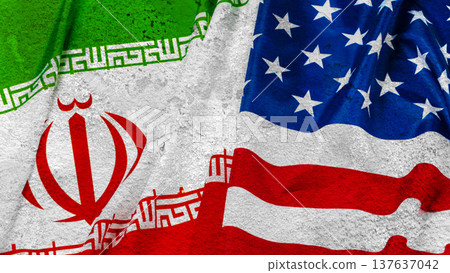 Iran and USA flags side by side representing conflict and oil crisis in history Iran and USA flags side by side representing conflict and oil crisis in history 137637042