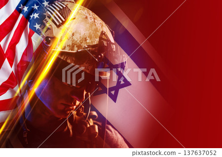 Conflict between Iran and USA shown with soldier and flags in strong colors and symbols 137637052
