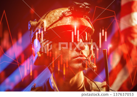 Iran USA conflict shows soldier in gear with financial data behind during oil crisis 137637053