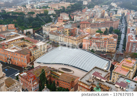 View of city landscape in Rome with buildings and streets under cloudy sky 137637055