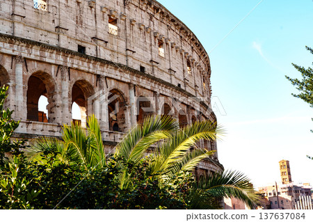 Colosseum surrounded by greenery in Rome under a clear blue sky 137637084