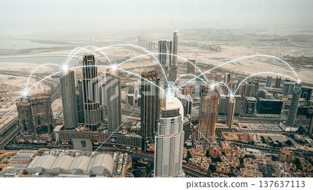 Cities connected through digital networks in Dubai showing urban technology and development Cities connected through digital networks in Dubai showing urban technology and development 137637113