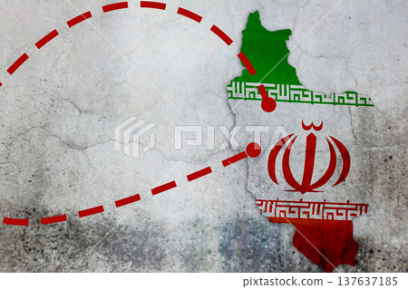 Map of Iran with military symbols showing conflict and tension with the USA 137637185