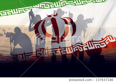 Iran and USA conflict seen through silhouettes of armed figures on national flags 137637186
