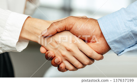 Business partners shake hands to celebrate a new agreement in an office setting Business partners shake hands to celebrate a new agreement in an office setting 137637199