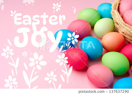 Happy Easter with colorful eggs on a pink background near a basket on a bright day Happy Easter with colorful eggs on a pink background near a basket on a bright day 137637290