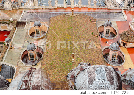 View from a high point showing rooftops and structures in a historic city setting during the day View from a high point showing rooftops and structures in a historic city setting during the day 137637291