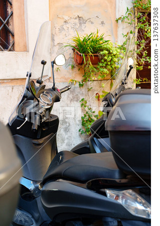 Motorcycles parked near a wall with plants in an urban setting during the day 137637308