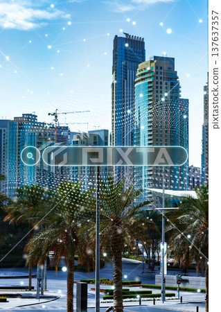 City buildings and search bar with palm trees in Dubai during the day City buildings and search bar with palm trees in Dubai during the day 137637357