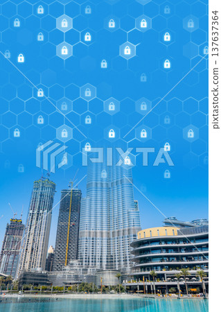 City skyline shows modern buildings with digital data protection symbols above the structures City skyline shows modern buildings with digital data protection symbols above the structures 137637364