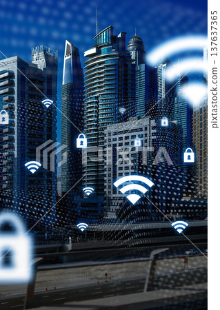 City skyline with technology symbols showing connectivity and security in urban area City skyline with technology symbols showing connectivity and security in urban area 137637365