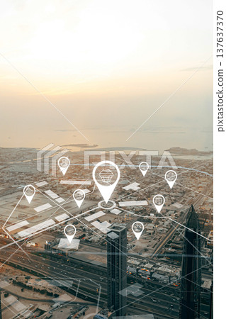 City skyline with location markers showing different shops and services around sunset 137637370