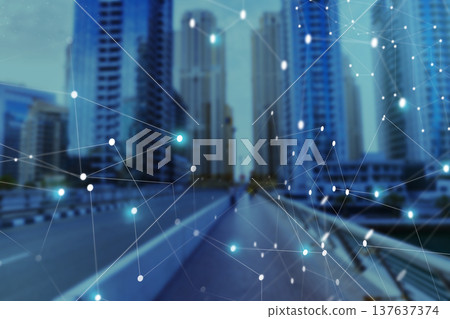 City skyline shows modern buildings with digital network elements at sunset City skyline shows modern buildings with digital network elements at sunset 137637374
