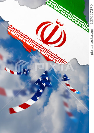 Conflict between Iran and USA represented by flags and clouds in the background Conflict between Iran and USA represented by flags and clouds in the background 137637379