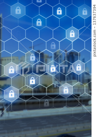 Digital security interface displays padlocks over city skyline during daytime Digital security interface displays padlocks over city skyline during daytime 137637394