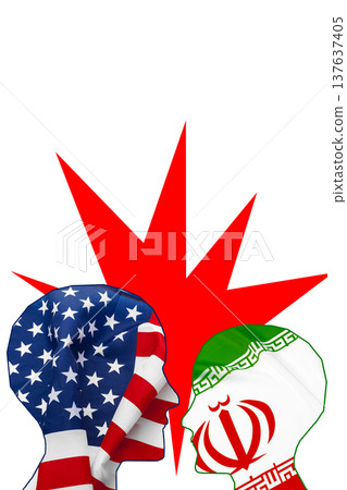 Conflict between Iran and USA shown with flags as symbols of rivalry and tension Conflict between Iran and USA shown with flags as symbols of rivalry and tension 137637405